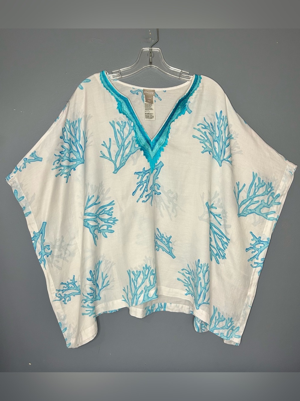 Chicos Tunic Blouse S/M Oversize Kimono Kaftan Poncho White Blue Beach Resort